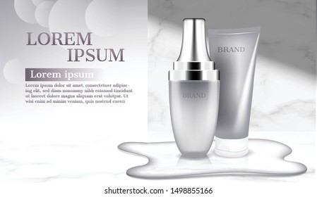 Cosmetic products with water on floor vector concept
