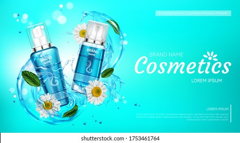 Cosmetic products in water splash with chamomile flowers mint leaves. Vector realistic brand poster with herbal cosmetics in blue tubes for hair face body care. Promo banner, advertising background