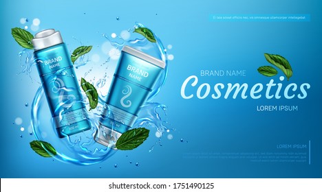 Cosmetic products in water splash with mint leaves. Vector realistic brand poster with shampoo and conditioner in blue tube for hair care. Promo banner, advertising background