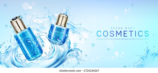 Cosmetic products in water splash. Vector realistic brand poster with skincare gel, cream, perfume or makeup cosmetics in glass bottles. Promo banner, advertising background