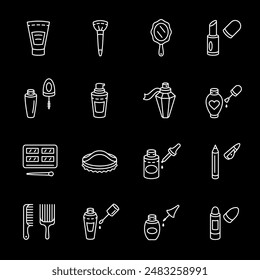 Cosmetic products, white line icons. Skincare and beauty products. health and beauty themes. Symbols on black background. Editable stroke.