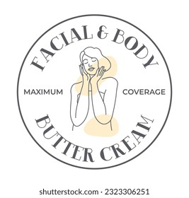 Cosmetic products for women, maximum coverage of facial and body butter cream. Skincare and treatment for ladies. Gentle texture. Label or emblem for package, promo banner. Vector in flat style