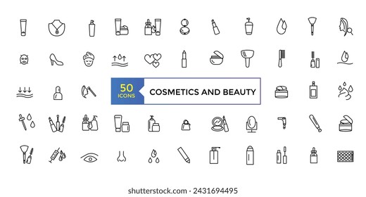 Propiedades cosméticas iconos de línea. Ilustración vectorial. Conjunto de iconos de línea de cuidado de la piel. iconos de contorno relacionados con la belleza y el spa.