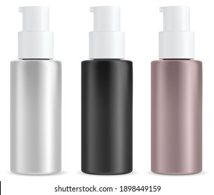 Cosmetic pump bottle. Beauty serum isolated blank. Shampoo or cream plastic package template mockup. Face moisturizer container. Makeup base or toner liquid realistic bottles, mini jar