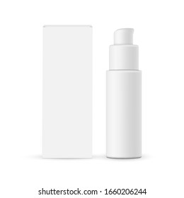 Cosmetic pump bottle with cardboard box mockup isolated on white background. Vector illustration