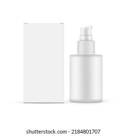 Cosmetic Pump Bottle Mockup For Oil Or Serum With Packaging Box. Vector Illustration