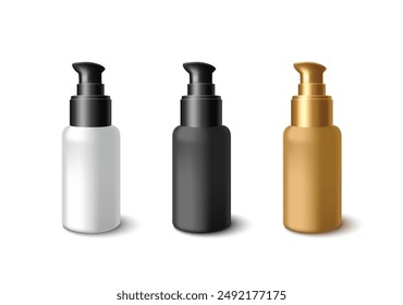 Cosmetic pump bottles set isolated on background. Vector realistic illustration of 3D white, black, golden container with dispenser, face skin beauty care product mockup with blank space for branding