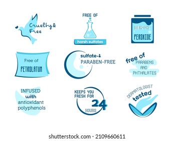 Cosmetic quality sticker, product badge set. Isolated on white cruelty free label, sulfate paraben free badge collection. Beauty packaging tag with dermatologist tested sign, vector illustration