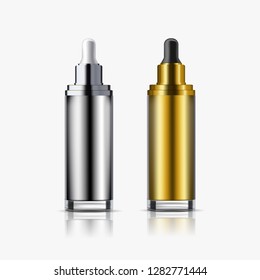 Cosmetic realistic 3d metallic and golden bottle dropper tubes on white background.  Vector 3d illustration for design  placard, presentation, banners and cover.