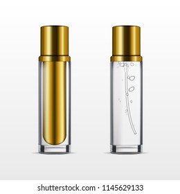 Cosmetic realistic glass spray perfume bottles with golden caps isolated on white background. Vector 3d illustration for design  placard, presentation, banners and cover.