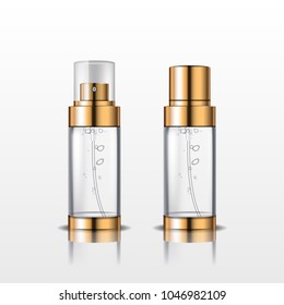 Cosmetic realistic glass transparent spray bottles with golden caps for body care isolated on white background. Vector 3d illustration for design  placard, presentation, banners and cover.