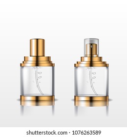 Cosmetic realistic glass transparent spray perfume bottles with golden caps isolated on white background. Vector 3d illustration for design  placard, presentation, banners and cover.