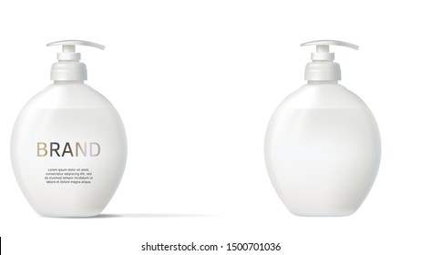 Cosmetic realistic isolated vector with white pump labeled and blank bottle. Skin care cosmetics, body lotion or liquid soap in round bottle with dispenser. Mock-up packing or container for fluid