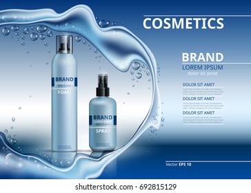 Cosmetic realistic package ads template. Body foam and gel products bottles. Mockup 3D illustration. Sparkling water drops background