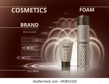 Cosmetic realistic package ads template. Hydrating body foam and gel products bottles. Mockup 3D illustration. Sparkling backgrounds