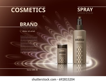 Cosmetic realistic package ads template. Hydrating face cream and body spray products bottles. Mockup 3D illustration. Sparkling backgrounds