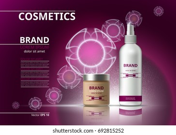 Cosmetic realistic package ads template. Hydrating bb cream and micellar water products bottles. Mockup 3D illustration. Sparkling backgrounds