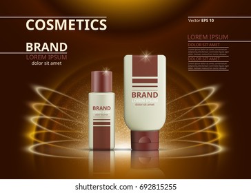Cosmetic realistic package ads template. Body lotion products bottles. Mockup 3D illustration. Sparkling background