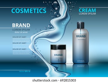 Plantilla de anuncios de paquetes realistas. Productos hidratantes de cara y de crema en frascos azules. Ilustración 3D de mockup. El agua espumosa cae sobre el fondo