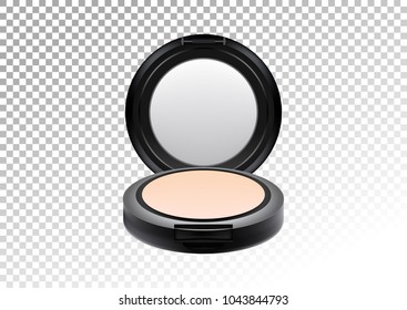 Cosmetic realistic plastic black compact mineral powder. Cosmetic beauty make up product package template,vector illustration.Realistic mockup of plastic container isolated on transparent background.