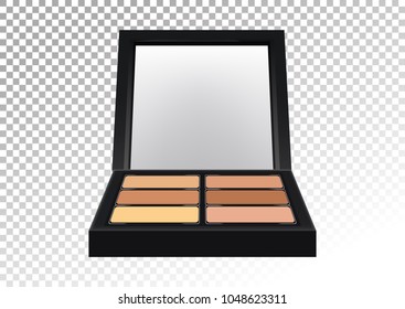 Cosmetic realistic plastic black compact pallet with means for face correction, concealers. Cosmetic beauty make up product package with mirror,vector illustration.Isolated on transparent background.
