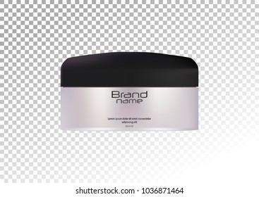 Cosmetic realistic plastic white cream jar with a black lid. Cosmetic beauty product package template,vector illustration.Realistic mockup of plastic container isolated on transparent background.