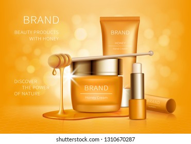 Cosmetic realistic vector ad background. Yellow jar with cream, lotion tube and hygienic lipstick with honey drips, organic cosmetics, natural spa formula for skincare. Mock up for magazine or catalog