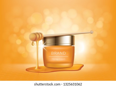 Cosmetic realistic vector ad background. Yellow jar with cream and golden honey drips, organic cosmetics, natural spa formula for skincare. Mock up for magazine or catalog