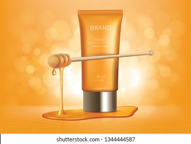 Cosmetic realistic vector ad background. Yellow tube with cream and golden honey drips, organic cosmetics, natural spa formula for skincare. Mock up for glossy magazine or catalog
