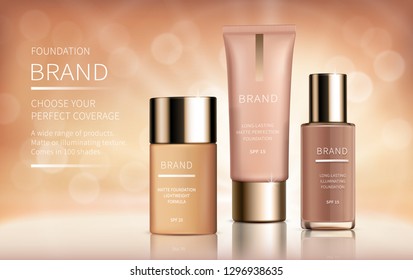 Cosmetic realistic vector ads banner with foundation for perfect makeup, decorative cosmetics. Colorstay foundation of various shades in bottles with brand labels and bokeh, for magazine or catalog