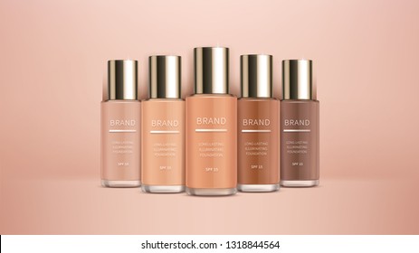 Cosmetic realistic vector ads banner with premium foundation for perfect makeup, decorative cosmetics. Colorstay foundation of various shades on skin tone nude background, mock up for magazine catalog