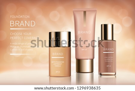 Cosmetic realistic vector ads banner with foundation for perfect makeup, decorative cosmetics. Colorstay foundation of various shades in bottles with brand labels and bokeh, for magazine or catalog