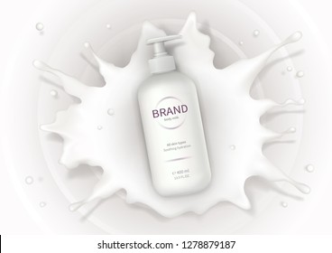Cosmetic realistic vector background with cream. Skin care cosmetics, body lotion in white plastic bottle with dispenser fall into milk splash, crown. Mock-up promo banner, advertising poster template
