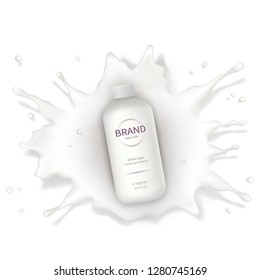 Cosmetic realistic vector background with cream. Skin care cosmetics, body lotion in white plastic bottle fall into milk splash, crown. Mock-up promo banner, advertising poster template