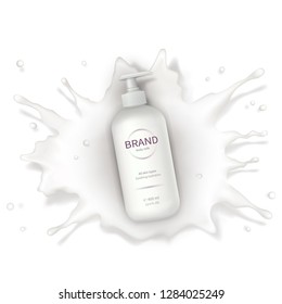 Cosmetic realistic vector background with cream. Skin care cosmetics, body lotion in white plastic bottle with dispenser fall into milk splash, crown. Mock-up promo banner, advertising poster template