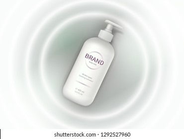 Cosmetic realistic vector background with cream. Skin care cosmetics, body lotion in white plastic bottle with dispenser fall into milk waves. Mock-up promo banner, advertising poster template