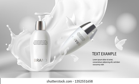 Cosmetic realistic vector background with cream and roll-on deodorant. Skin care cosmetics in white bottles with silver caps in milk splash, crown with flying butterflies Mock-up promo banner poster