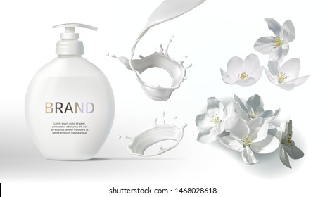 Cosmetic realistic vector background with cream or milk swirl, splash and jasmine flowers. Skin care cosmetics body lotion or liquid soap in white bottle with pump. Mock-up promo banner poster