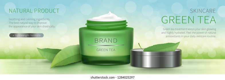 Cosmetic realistic vector background. Green glass jar with silver lid, green tea leaves and bokeh, organic cosmetics, natural cream or gel formula for skincare. Mock up concept for magazine or catalog