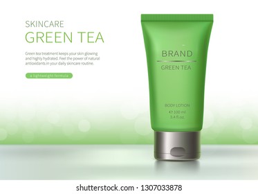 Cosmetic realistic vector background. Green plastic tube with silver lid on light background with bokeh. Natural cream or lotion formula for healthy skin. Mock up for organic products with green tea.