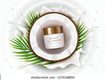 Cosmetic realistic vector background. White jar with golden lid lies in half of coconut against background of milk splash with drops. Mock up promo banner, concept poster for organic natural cream.