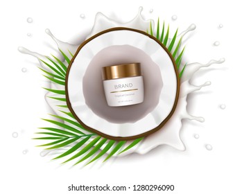 Cosmetic realistic vector background. White jar with organic cream lies in half of coconut on background of milk splash with drops. Mock up promo banner, concept poster for natural cosmetics.