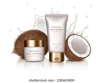 Cosmetic realistic vector background. White jar and tube with golden lid next to coconut and milk splash. Mock up promo banner with organic cosmetics, concept poster for natural product