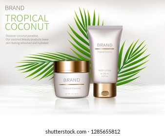 Cosmetic realistic vector background. White jar and tube with golden lid next to leaves of coconut palm. Mock up promo banner with organic cosmetics, concept poster for natural product