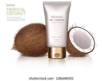 Cosmetic realistic vector background. White jar and tube with golden lid and coconut isolated on white background. Mock up promo banner with organic cosmetics, concept poster for natural product