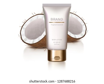 Cosmetic realistic vector background. White bottle or tube with golden lid and coconut isolated on white background. Design element with organic cosmetics, package set for natural product