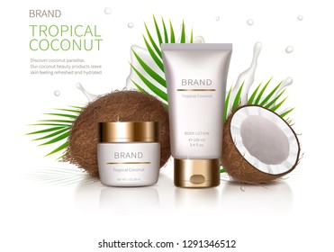 Cosmetic realistic vector background. White jar and tube with golden lid next to coconut, palm leaves and milk splash. Mock up promo banner with organic cosmetics, concept poster for natural product