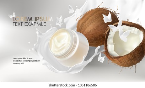 Cosmetic realistic vector background. White jar with organic cream falling in milk splash with butterflies silhouettes near cracked coconut. Mock up promo banner, concept poster for natural cosmetics