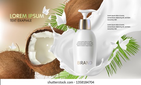 Cosmetic realistic vector background. White bottle with face cleansing gel falling in milk splash near cracked coconut with tropic green palm leaves. Mock up promo banner, natural cosmetics concept