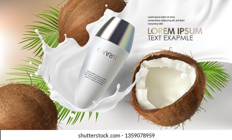 Cosmetic realistic vector background. White roll-on deodorant, antiperspirant falling in milk splash near cracked coconut with tropic green palm leaves. Mockup promo banner, natural cosmetics concept